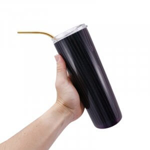 black skinny tumbler with straw